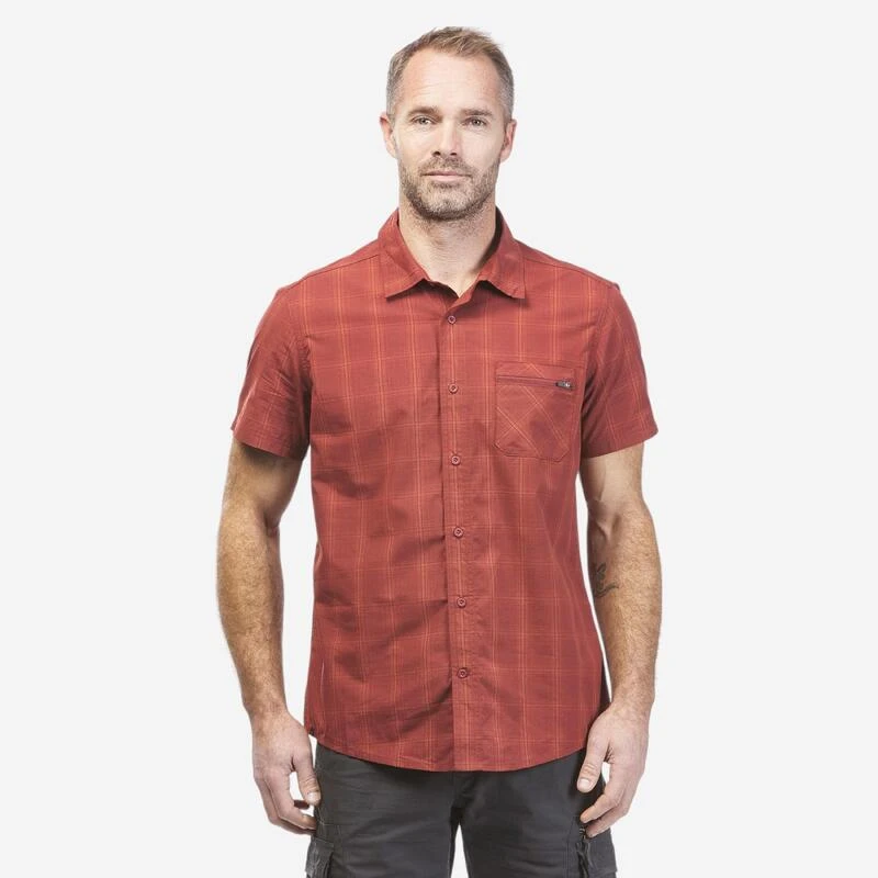 Chemise De Trekking Voyage TRAVEL 100 Carreaux Manches Courtes Rouge Homme – Image 2